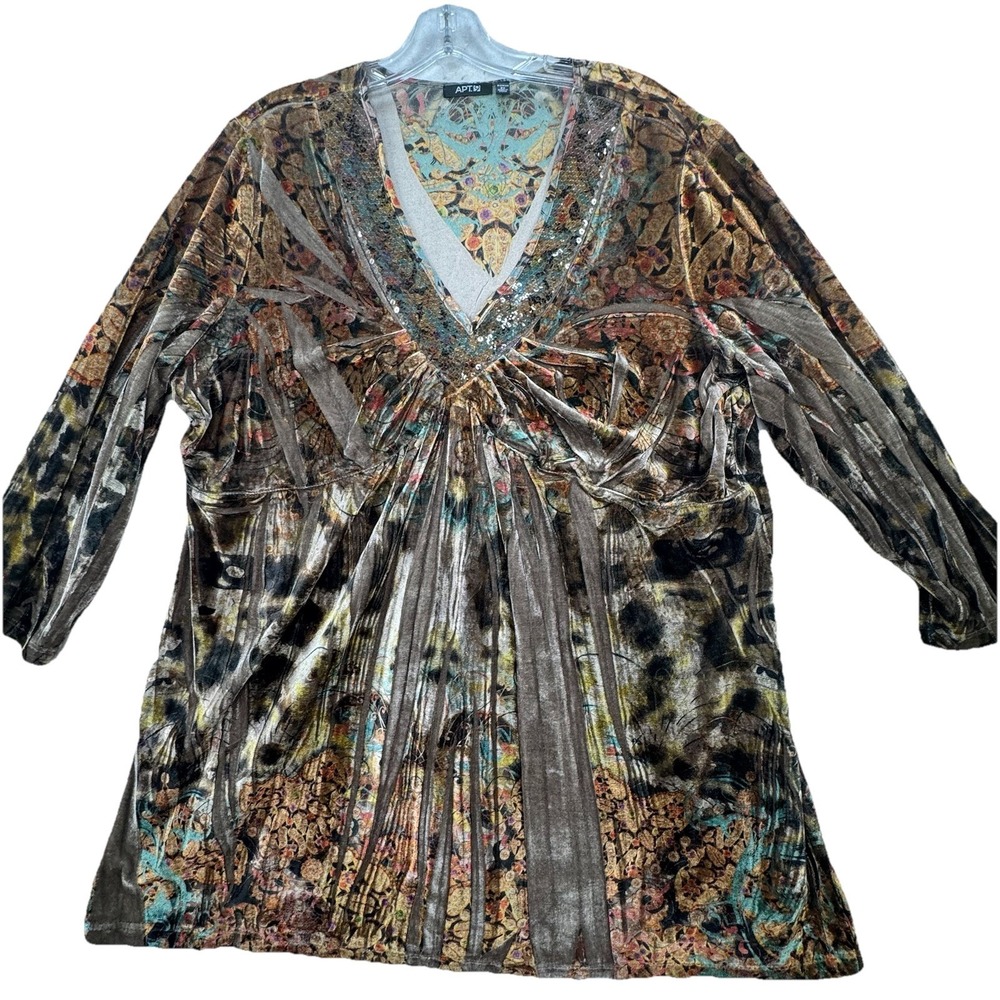 Womens Plus size 2X‎ Velvet Floral Artsy Art To Wear Babydoll Top Sequins